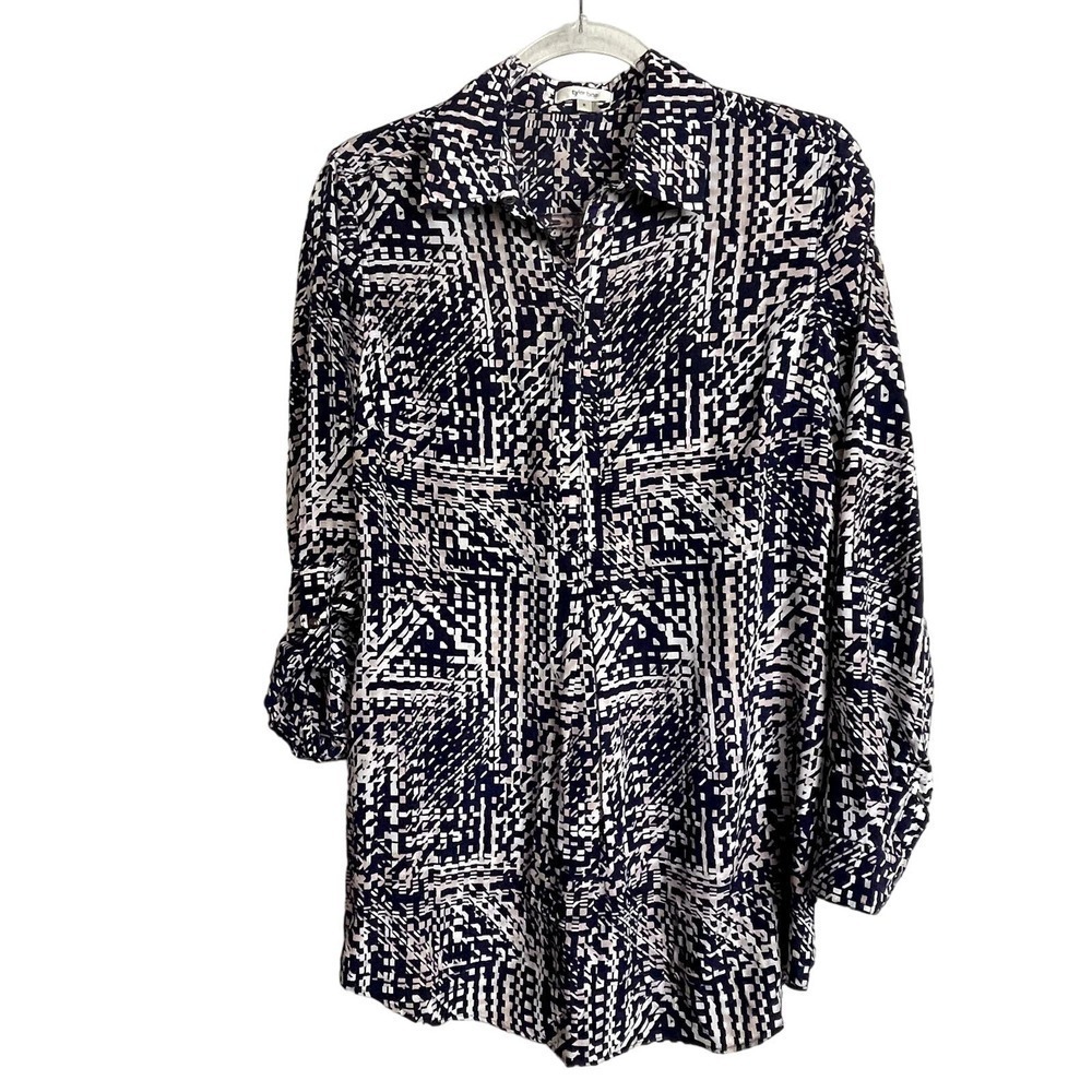 Tyler Boe Silk Long Line Button‎ Popover Tunic Top Size S Blue Cream Beige